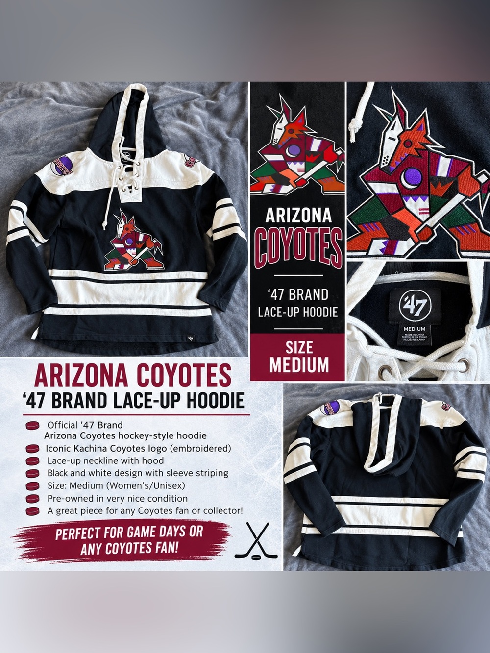 47 Arizona Coyotes Black & White Lace-Up Hoodie - Youth/Medium